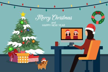 Noel arifesinde Noel ağacının yanında oturan dizüstü bilgisayarı ve kedisi olan bir kadının vektör çizimi, Noel karikatürü karakterleri, tebrik kartı tasarımı, mutlu noeller ve mutlu noeller.