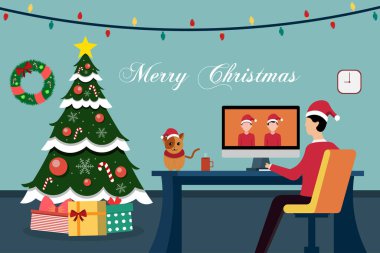 Noel arifesinde Noel ağacının yanında oturan dizüstü bilgisayarı ve kedisi olan bir adamın vektörel çizimi, Noel karikatürü karakterleri, tebrik kartı tasarımı, mutlu noeller yazıları. 
