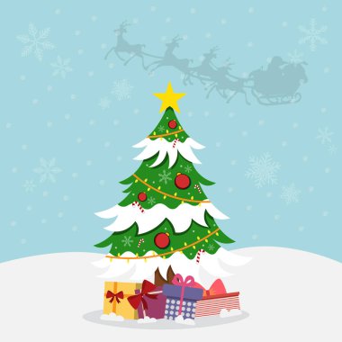 Noel ağacını karla süslemenin vektör çizimi. Arka planda Noel Baba 'nın kızağının siluetleri var. 