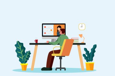 Bilgisayarı öğrenmek veya çevrimiçi görüşmek için kullanan adam. Vektör illüstrasyonunda ev kavramından çalışma.