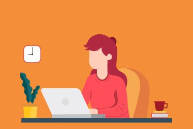 Ev Resimleri 'nden çalışmalar. Takım çalışması mesafeli iletişim. İş kadını karakteri. Vektör illüstrasyonu