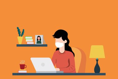 Ev Resimleri 'nden çalışmalar. Takım çalışması mesafeli iletişim. İş kadını karakteri. Vektör illüstrasyonu