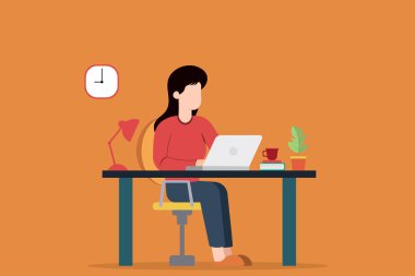 Ev Resimleri 'nden çalışmalar. Takım çalışması mesafeli iletişim. İş kadını karakteri. Vektör illüstrasyonu