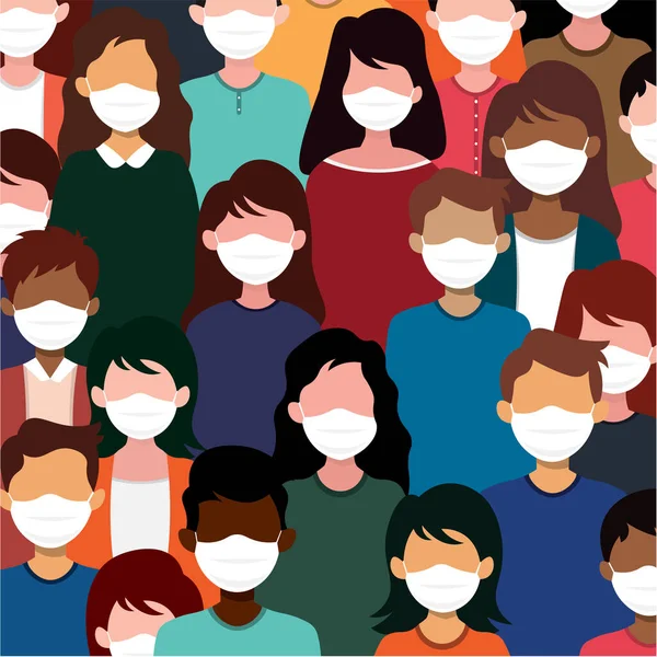 Illustrazione Vettoriale Della Folla Persone Maschera Chirurgica Corona Tema Pandemico — Vettoriale Stock
