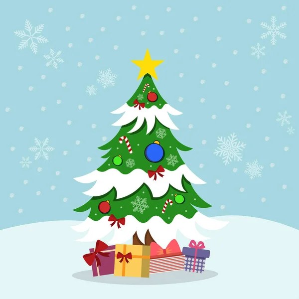 Noel ağacını hediyelerle karla süslemenin vektör çizimi