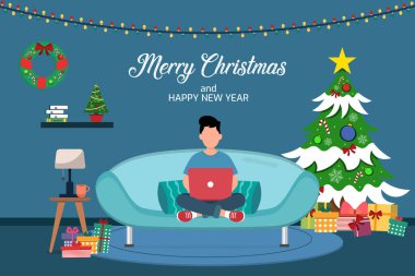 Dizüstü bilgisayarı olan bir adamın vektör çizimi. Noel arifesinde Noel ağacı, çizgi film karakterleri, tebrik kartı tasarımı, mutlu noeller ve mutlu noeller.