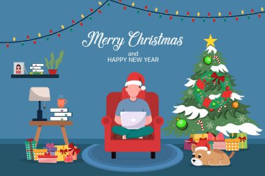 Dizüstü bilgisayarı olan bir adamın vektör çizimi. Noel arifesinde Noel ağacı, çizgi film karakterleri, tebrik kartı tasarımı, mutlu noeller ve mutlu noeller.