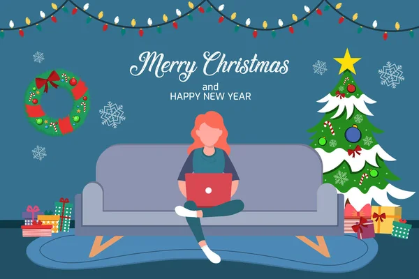 Gambar Vektor Dari Seorang Wanita Dengan Laptop Pohon Christmas Malam - Stok Vektor