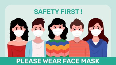 Corona virüsünü ve dünya kirliliğini önlemek için tıbbi maske takan bir grup insan.