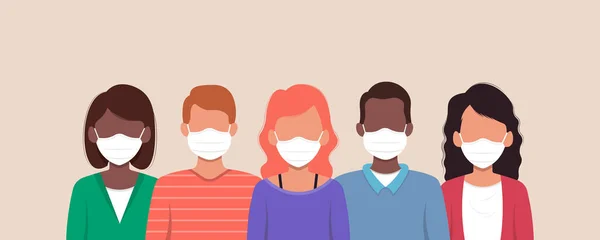Corona Virüsünü Önlemek Için Tıbbi Maske Takan Bir Grup Insan — Stok Vektör