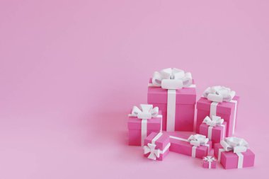 Hediye kutusu, aşk ve sevgililer günü için 3 boyutlu sunum pembe arka planda izole edilmiş kutlamayı kutlar.