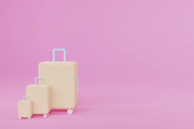 Pembe arkaplanda 3 boyutlu bavul görüntüleme.