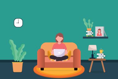 Evde çalışmak, konsept çizim. Evde dizüstü bilgisayarlarla çalışan genç bir kadın. Vektör düz biçim illüstrasyonu