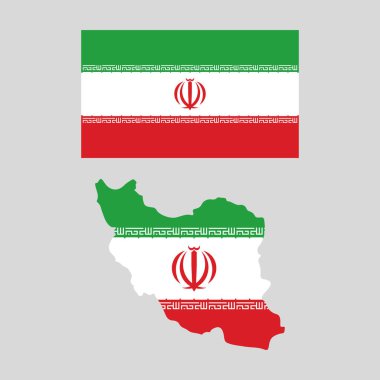 Düz dizaynlı İran bayrağı ve haritasının çizimi.