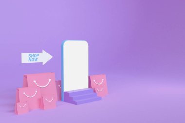 Sosyal medyada online alışveriş kavramını üç boyutlu yorumlamak. Alışveriş çantalı üç boyutlu telefon. Dijital mağazaların, web ve reklamların tanıtımı için uygun.