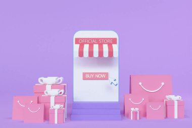 Sosyal medyada online alışveriş kavramını üç boyutlu yorumlamak. Alışveriş çantalı üç boyutlu telefon. Dijital mağazaların, web ve reklamların tanıtımı için uygun.