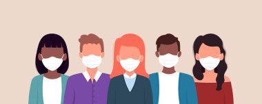 Corona virüsünü önlemek için tıbbi maske takan bir grup insan. Düz tasarım