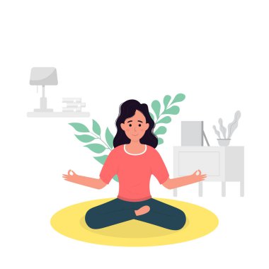 Düz dizayn ev yoga konsepti vektör çizimi. Evde karantina eğitimi, stres atma, evde kalma, sosyal mesafe.