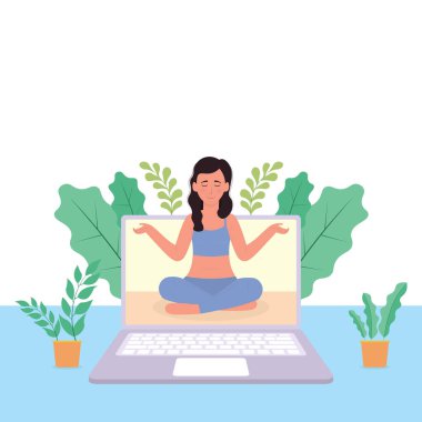 Laptop ve kadınla çevrimiçi yoga dersi kavramı. Evde karantina eğitimi, stres atma, evde kalma, sosyal mesafeler..