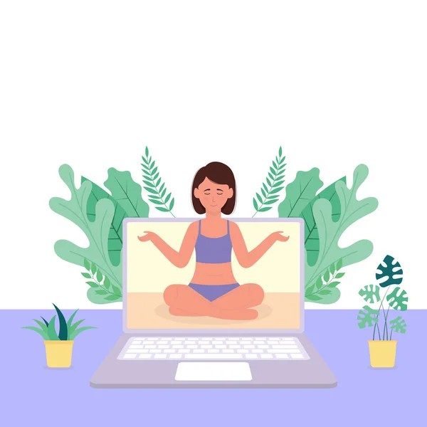 Online Yoga Klasse Concept Met Laptop Vrouw Home Quarantaine Training — Stockvector