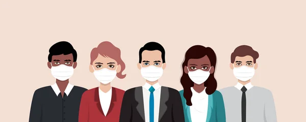 Groep Van Zakelijke Mannen Vrouwen Met Een Medisch Masker Business — Stockvector