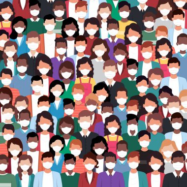 Virüs koronası enfeksiyonunu önlemek için tıbbi maske takan çeşitli insanların görüntüsü..