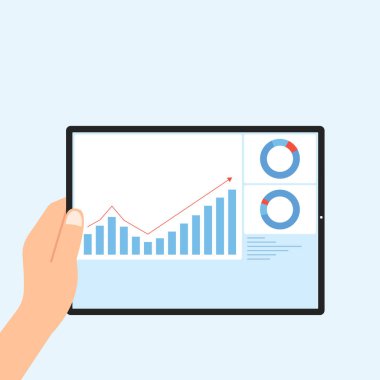 İş finansmanı yatırım konsepti düz vektör tasarımı için insan tutma tableti veri analizi.