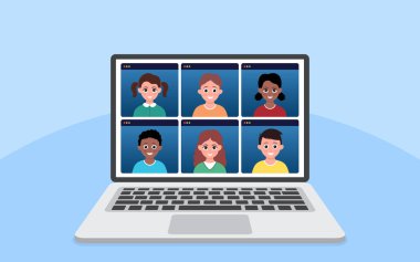 Telekonferans Web Konferansı üzerinden evden internet ağları Coronavirus COVID-19 Pandemik Salgın Ekranda. Vektör illüstrasyonu. Düzenlenebilir