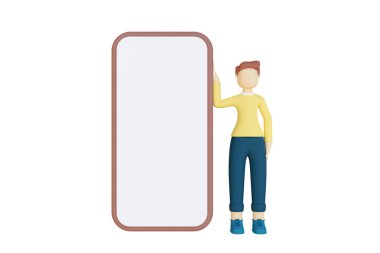 Beyaz arka planda boş ekranı olan dev bir telefonun yanında duran adamın üç boyutlu bir resmi.