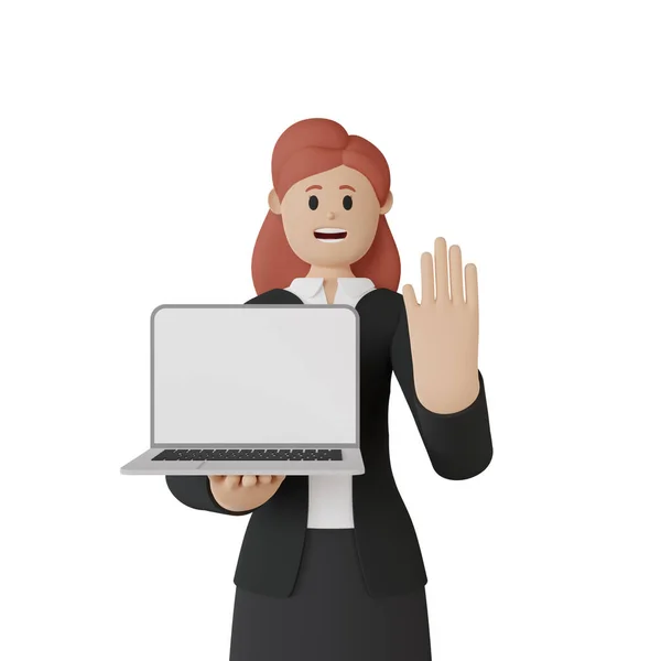 Rendering Lächelnde Frau Charakter Mit Laptop — Stockfoto
