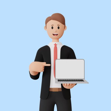 3D görüntüleme erkek karakter dizüstü bilgisayarı işaret ediyor.