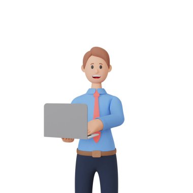 3D gülümseyen adam karakteri dizüstü bilgisayar tutuyor..