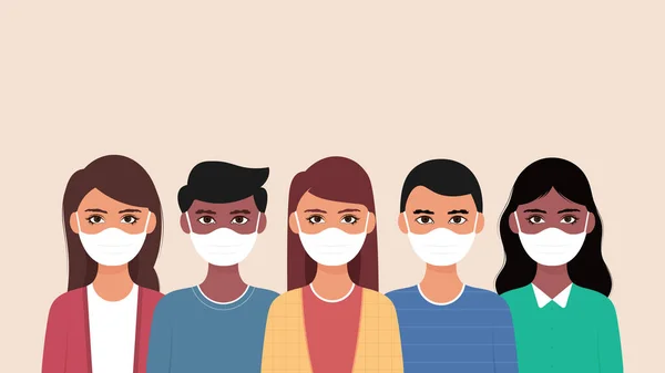 Groep Mensen Met Medische Maskers Corona Virus Voorkomen Wereldvervuiling Vector — Stockvector