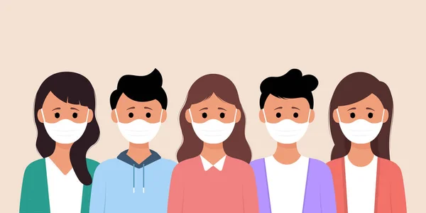 Corona Virüsünü Önlemek Için Tıbbi Maske Takan Bir Grup Insan — Stok Vektör