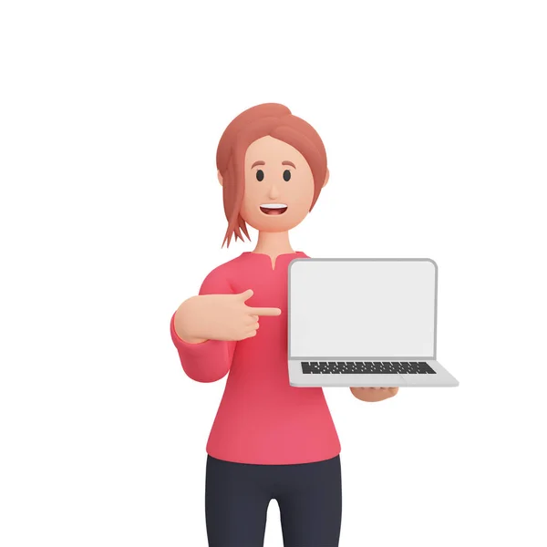 Rendering Lächelnde Frau Charakter Zeigt Auf Laptop — Stockfoto