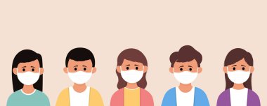 Hastalık, grip, hava kirliliği, kirli hava ve dünya kirliliğini önlemek için tıbbi maske takan bir grup çocuk.