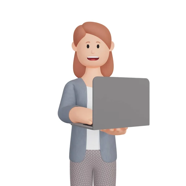 3D用笔记本电脑渲染笑容可亲的女性角色 — 图库照片#