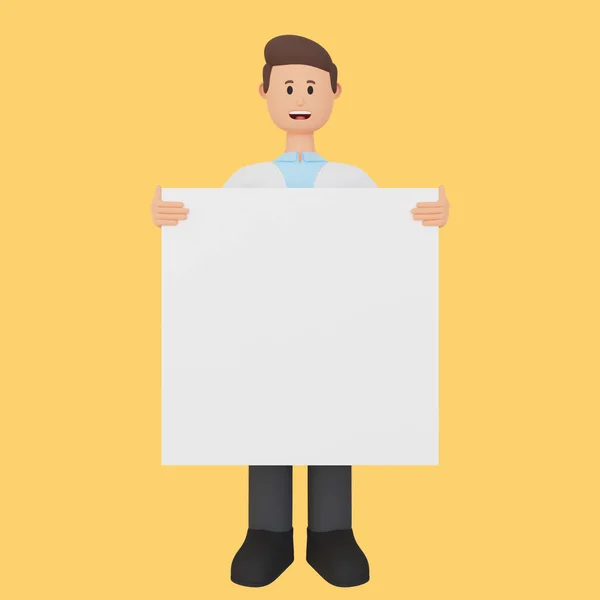 Rendering Man Cartoon Character Holding Blank Placard — Stock Photo, Image