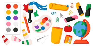 Çocuk okulu ve eğitim. Okul malzemeleri, boya, fırça, makas, fırça, boya, kalem, palet, makas. vektör