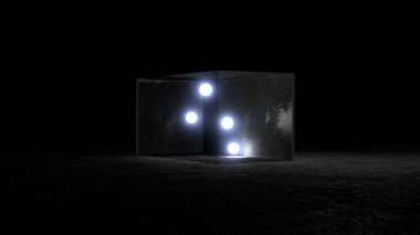 Dört görkemli kristal küre şeffaf cam bir kutuda aydınlatıcı ışık, karanlık oda, gece, 3D görüntüleme