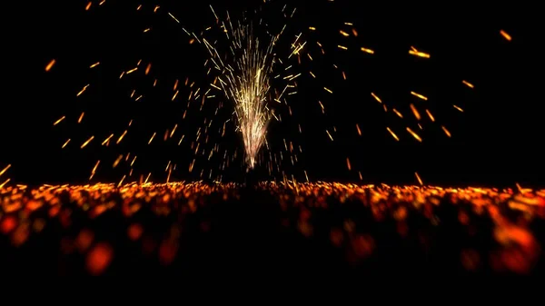 烟火背景 现实的三维动画 黑暗背景下的火花在地面燃烧 烟火火花 4K高品质 3D渲染 — 图库照片