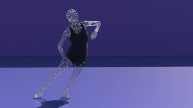 Güzel Kız, Hiper Gerçekçi 3D dans pozu metalik ve şeffaf bir kız, metalik vücut, 4k Yüksek Kaliteli 3D