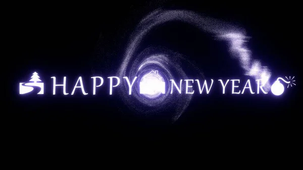 Šťastný Nový Rok Text Lesklými Částicemi Dynamickými Vírovými Vzory Pozadí — Stock fotografie