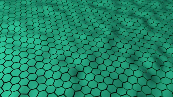 Abstract green color hexagonal geometry patterns with six sided polygon and with smooth wavy motion effects. Abstract trendy background for business & technology or any other projects .3D render.