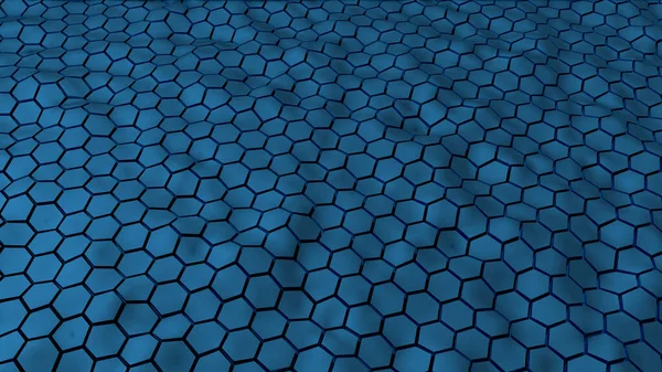 Abstract blue hexagonal geometry patterns with six sided polygon and with smooth wavy motion effects. Abstract trendy background for business & technology or any other projects, 3D render.