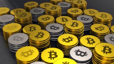 Altın ve gümüş Bitcoin 'ler, Kripto parası, bitcoin' lerin yakın plan çekimi çevresel ışık efektleri, BTC para birimi, iş ve teknoloji konsepti, 4k Yüksek Kalite .