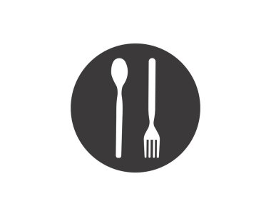 Bir kafe veya restoranın soyut logosu. Tabakta bir kaşık, bıçak ve çatal. Basit bir özet