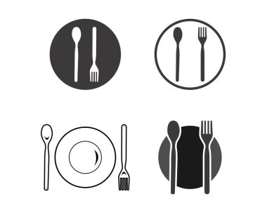 Bir kafe veya restoranın soyut logosu. Tabakta bir kaşık, bıçak ve çatal. Basit bir özet