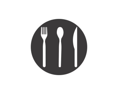 Bir kafe veya restoranın soyut logosu. Tabakta bir kaşık, bıçak ve çatal. Basit bir özet