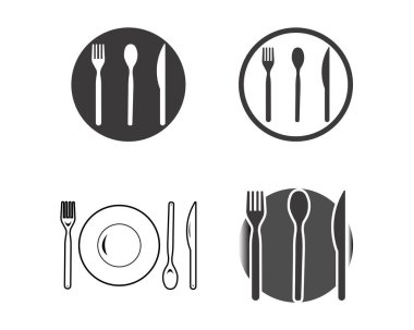 Bir kafe veya restoranın soyut logosu. Tabakta bir kaşık, bıçak ve çatal. Basit bir özet